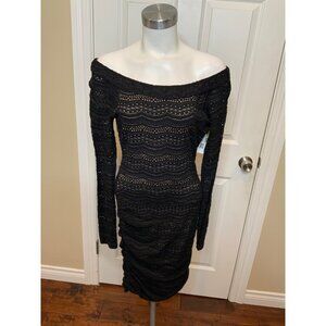BCBG Max Azria Halle Black Lace Ruched Sheath Dress W/ Nude Lining, Size S